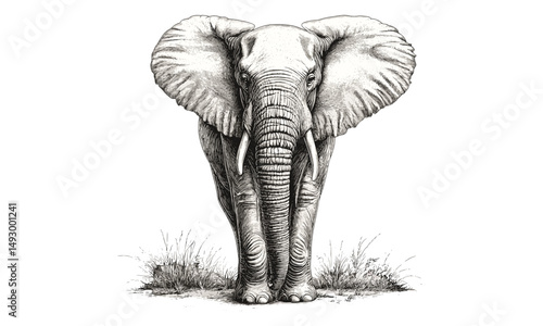 Monochrome African Elephant Sketch, Vintage Safari Etching, Hand Drawn Wildlife Art, Old Engraving Style, Savannah Nature Scene, antique fauna illustration