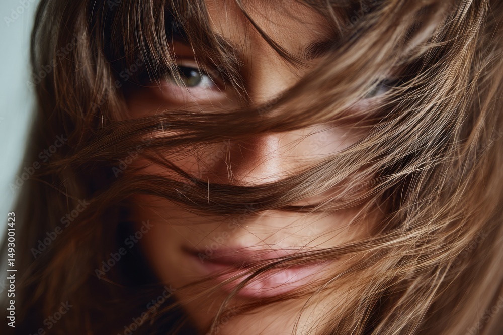 Woman with flowing hair showcasing natural beauty in an intimate close-up portrait at home during golden hour Woman with flowing hair showcasing natural beauty in an intimate close-up portrait at home during golden hour