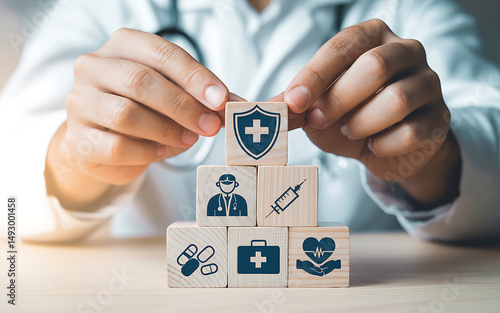 Person stacking wooden blocks with healthcare and medical icons symbolizing health management system