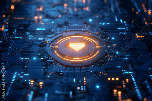 Cybersecurity shield illuminated within advanced AI circuitry