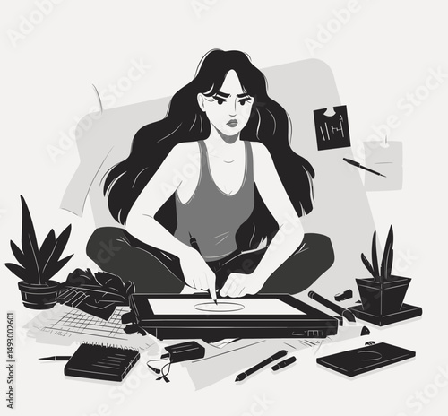 Digital Artist: An illustration of a female digital artist, deeply engrossed in her creative process with a digital tablet in front of her.