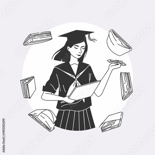 Academic Dream: A graduate student, surrounded by books, envisions the culmination of academic study, embodying ambition and aspiration.