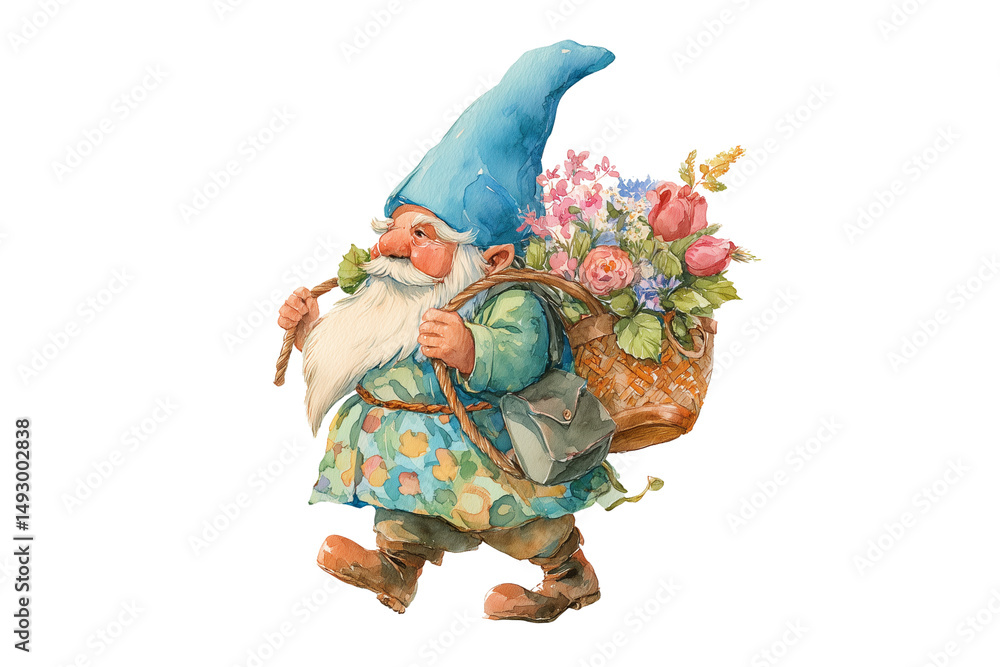 Naklejka premium A set of vibrant watercolor gnome fathers with intricately detailed spring flower baskets isolated on a transparent background
