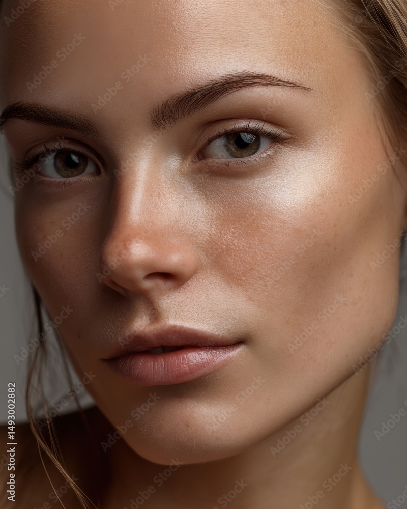 Fototapeta premium Model with natural makeup showcasing clear skin and soft features in a studio setting during daylight hours