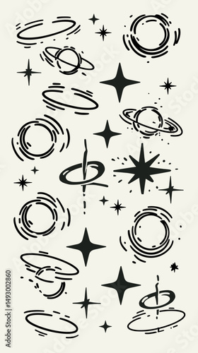 Celestial Choreography: An artistic and cosmic interplay of stars, rings and orbital elements against a neutral background, portraying the vast expanse of space.