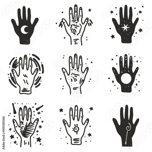 Palmistry and Esoteric Illustrations: Collection of illustrative artistic depictions of hands. Each illustration showcases a unique interpretation of palmistry.