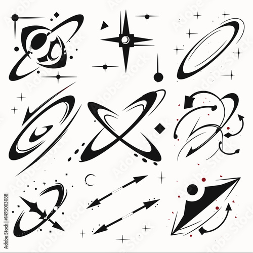 Celestial Symbols: A captivating collection of symbolic star bursts and orbital elements in elegant, contrasting black and white strokes, symbolizing cosmic events and celestial dance.