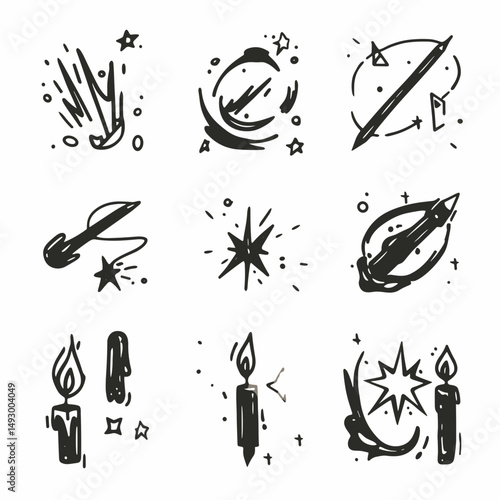 Magical Doodles: A collection of whimsical, hand-drawn doodles representing magical elements, each with its unique charm, perfect for adding a touch of enchantment to any project.
