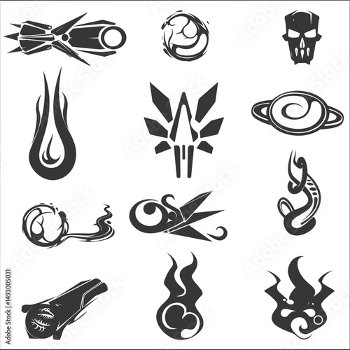 Abstract Silhouette Symbols: A collection of enigmatic black and white design elements evokes themes of science fiction, digital realms, and artistic expression.