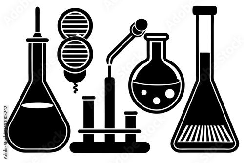 Black vector icons illustrate science chemistry laboratory equipment like flasks, test tubes, and bottles, a glassware set for chemical experiments and research