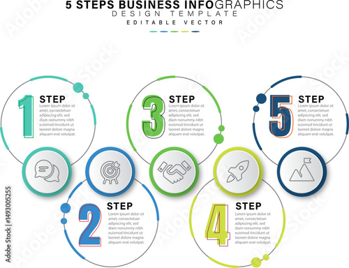 Five-Step Circular Business Infographic with Bold Numbered Sections, Process Flow Design, Strategy Icons, Workflow Visualization, Editable Vector, Modern Layout, Marketing, Presentation
