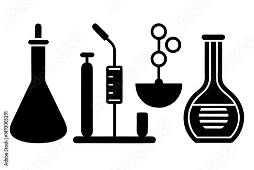 A set of chemistry lab glassware includes various scientific equipment like flasks and beakers for liquid analysis and experiments