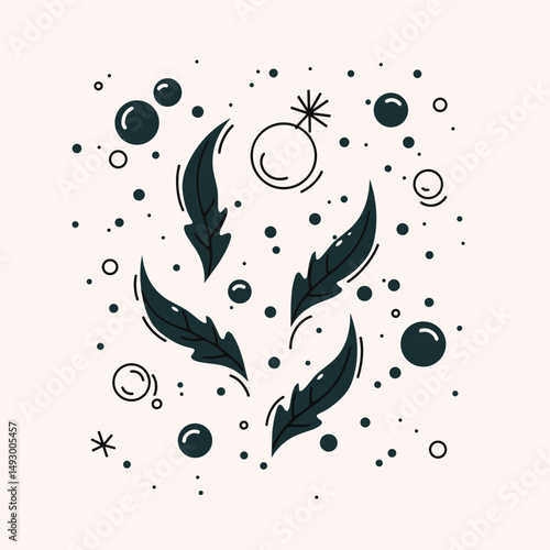 Abstract Floral Illustration: A whimsical illustration featuring stylized leaves and bubbles in a minimalist style with a dash of unexpected whimsy.