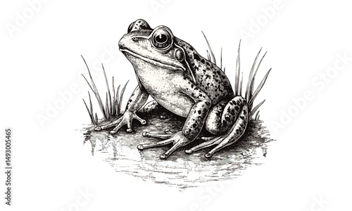 Rustic amphibian engraving, vintage wildlife sketch, hand-drawn frog in pond, monochrome nature art, old etching style, fauna print, black line drawing, natural wildlife illustration