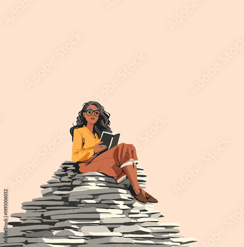Literary Escape: A woman, immersed in the pages of a book, finds her sanctuary atop a towering stack of paper.