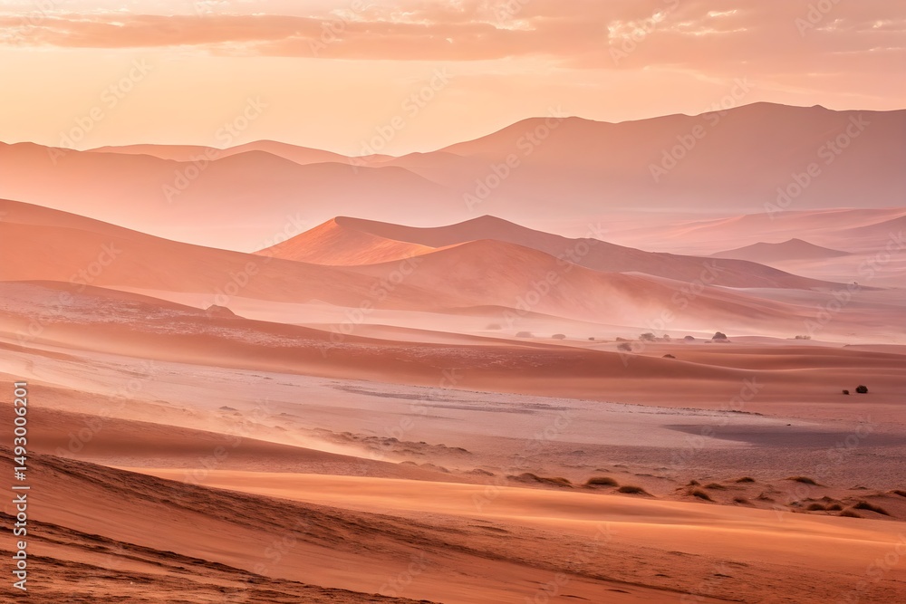 Fototapeta premium Sunset over the Desert with mountains, sand dunes, and a vibrant sky