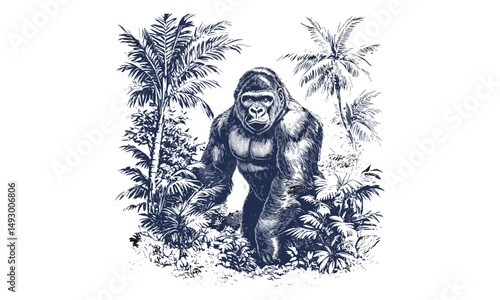 Hand-drawn gorilla, vintage animal engraving, jungle fauna line art, monochrome wildlife illustration, retro safari print, detailed nature drawing, rustic wildlife design, exotic animal