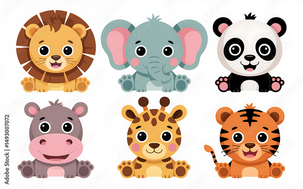 Obraz premium Adorable baby animal face set in paper cutout collage style – baby lion, baby elephant, baby panda, baby giraffe, baby hippo, and baby tiger