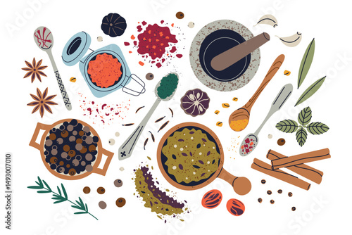 Top view composition with spices in wooden bowls and glass jars. Aesthetic layout with herbs, seasoning blends, kitchen tools vector illustrations, flat icons of cumin, turmeric, pepper