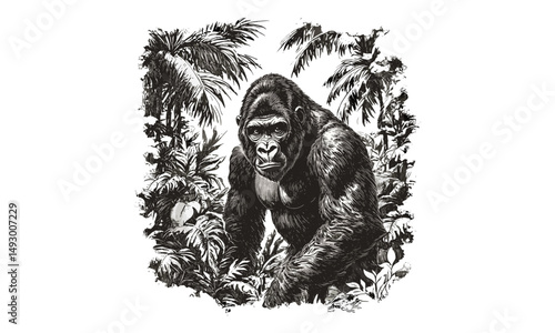 Gorilla jungle illustration, vintage hand-drawn primate engraving, monochrome wildlife etching, old black sketch, classic animal art print, trendy jungle decor, natural habitat drawing