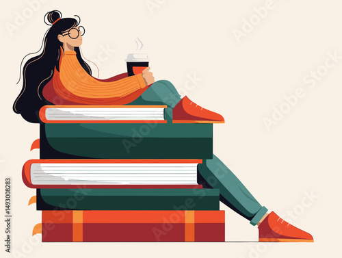 Reading Pleasure: A Relaxed individual, contentedly perched atop a stack of books, finds solace in the embrace of literature, accompanied by the warmth of a cup.