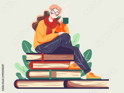 Serene Study: An artistic depiction of a person enjoying a book with a warm beverage, evoking a sense of tranquil learning and literary enjoyment.