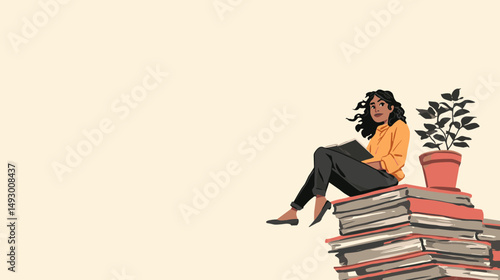 Literary Perch: A woman sits atop a stack of books, embracing a moment of calm contemplation, accompanied by a potted plant, signifying growth, knowledge and a love for reading.