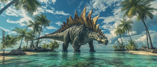 In the shallow waters of a tropical island, a Stegosaurus dinosaur stands amid palm trees. This prehistoric creature from the Jurassic period is shown in a modern representation.