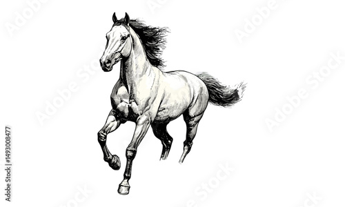 Hand-drawn horse running sketch, vintage equine etching, monochrome engraving style, ranch wall art, country lifestyle print, rustic animal drawing, classic black sketch
