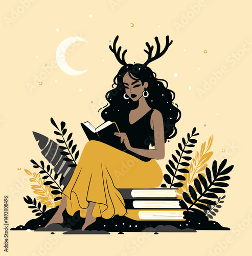 Enchanting Literary Escape: A captivating image showcases a woman absorbed in a book, seated amidst nature-inspired elements, offering a sense of literary enchantment and thoughtful contemplation.