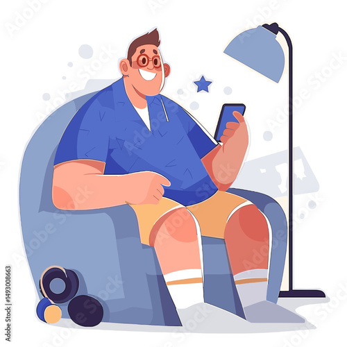 Cozy Comfort: A person sits in a soft armchair, absorbed in their mobile phone, a scene of home relaxation and modern convenience.