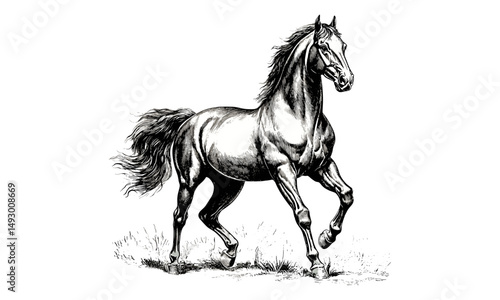 Horse with flowing mane, vintage engraving style, monochrome equine line art, rustic animal drawing, farm fauna sketch, black ink etching, old style wildlife illustration, trendy classic art