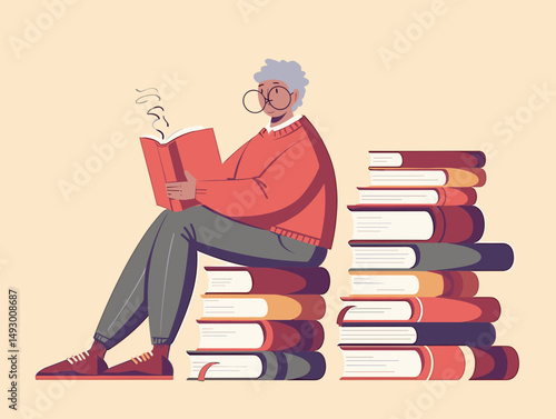 Literary Solitude: An elderly individual, immersed in a book. surrounded by towering stacks, finding solace in the world of literature.
