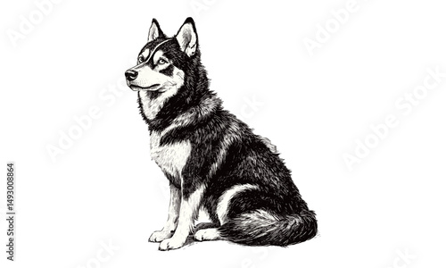 Vintage husky dog sketch in alert stance, monochrome engraving, retro animal art, trendy pet illustration, black and white etching, rustic winter home decor, classic dog print