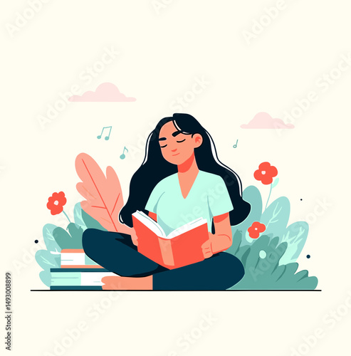 Lost in Literature: A serene woman finds solace in a captivating book, surrounded by blooming flowers and melodic notes, creating an ambiance of peaceful tranquility. 
