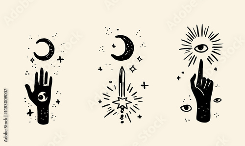 Mystical Hand Designs: Three minimalist illustrations featuring hands, celestial bodies, and mystical symbols in a hand-drawn, black and white style. Each design evokes an air of mystery and magic.