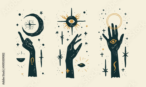 Mystical Celestial Symbolism: An enchanting illustration featuring ethereal hands adorned with celestial symbols, hinting at the mysteries of the cosmos and the realms beyond our own. 
