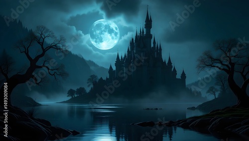 Mysterious Moonlight Castle on a Misty Lake