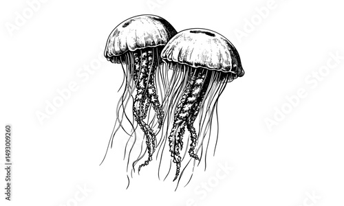 Vintage marine creature engraving, hand-drawn jellyfish floating, monochrome ocean life etching, retro sea wildlife sketch, nautical decor design, black sketch, trendy art