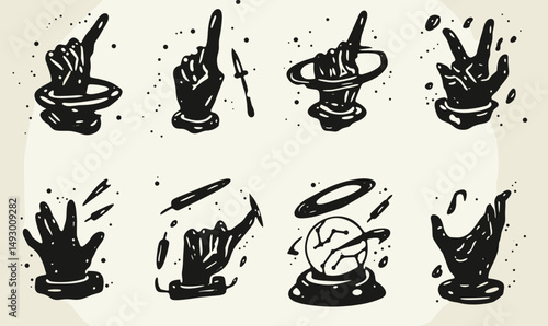 Mystic Hands Collection: A set of unique hand illustrations featuring mystical elements and symbolic gestures. Each hand is depicted in a distinct pose, conveying different moods and ideas.