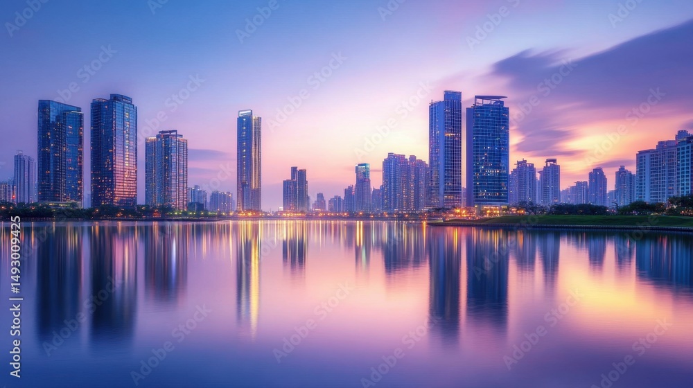 Fototapeta premium Futuristic urban skyline reflecting on tranquil water at dusk