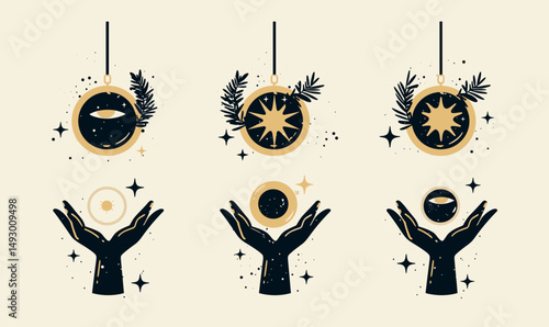 Celestial Ornaments: A set of elegant and mystical celestial ornaments with stylized hands, radiating a sense of wonder, magic, and enchantment.