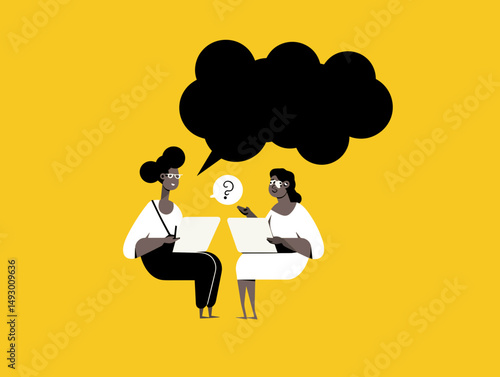 Dialogue Dynamics: Two individuals engaged in an insightful conversation. Expressing thoughts in a visually compelling way, representing a process of open communication and ideas.