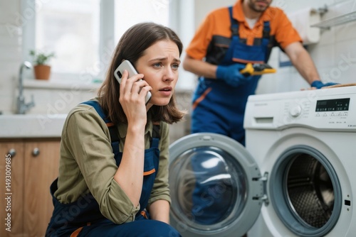 Woman Calling for Help During Washing Machine Repair