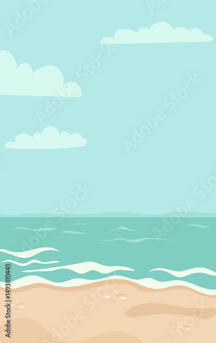 Seascape, sandy shoreline with gentle waves and sky with clouds. Vector illustration. Vertical poster background with marine nature
