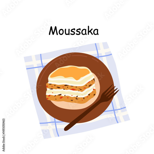 
Moussaka is a dish of roasted meat marinated in lemon juice and garlic, with potatoes, oregano and white wine, served on a plate on a pastel purple patterned tablecloth. Greek cuisine
