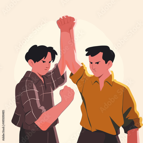 Two Men in a Confrontation: An illustration depicting two men in a heated argument, their fists clenched, representing conflict, opposition, and the challenges of communication.  