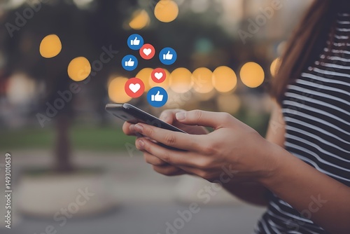 Woman using smartphone with social media icons representing likes and hearts in digital world