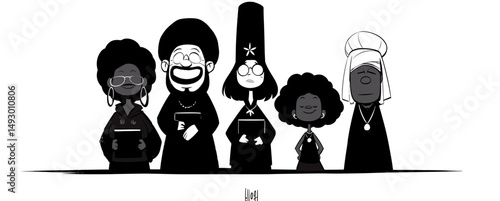 Diverse Religious Figures: A stylized illustration of five diverse religious figures, each representing a different faith and tradition, standing together in unity. 