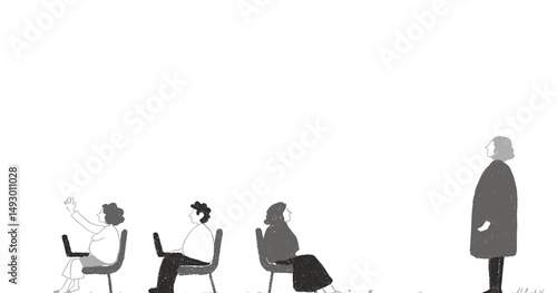 Classroom Scene: A grayscale illustration depicting a teacher and students in a classroom setting. The teacher stands apart from the seated students.